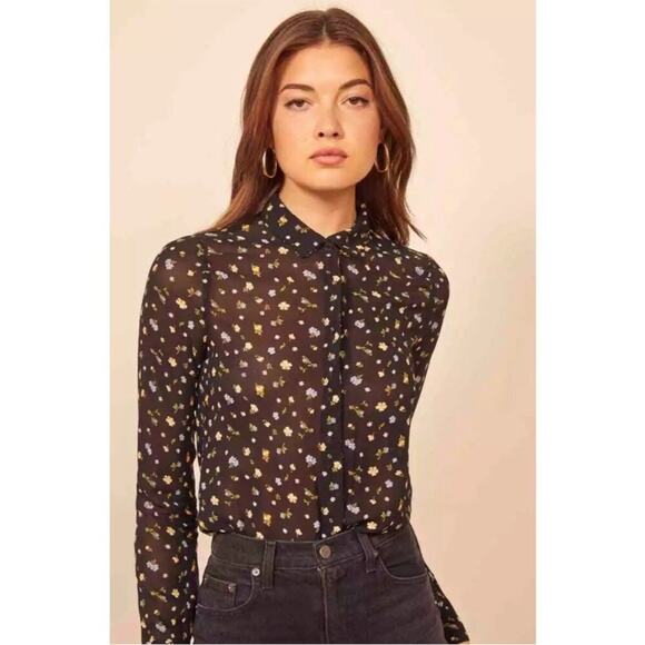 Reformation Violet Black Floral Semi Sheer Long Sleeve Button Up Blouse Small - Picture 1 of 15